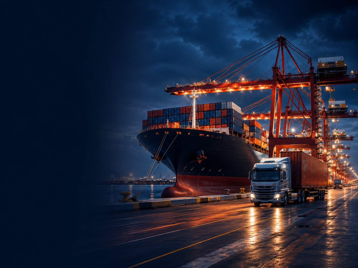Container port at night with cranes and cargo ship